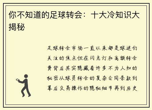 你不知道的足球转会：十大冷知识大揭秘