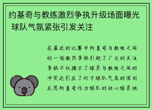约基奇与教练激烈争执升级场面曝光 球队气氛紧张引发关注