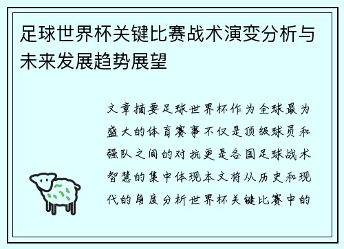 足球世界杯关键比赛战术演变分析与未来发展趋势展望 足球世界杯关键比赛战术演变分析与未来发展趋势展望